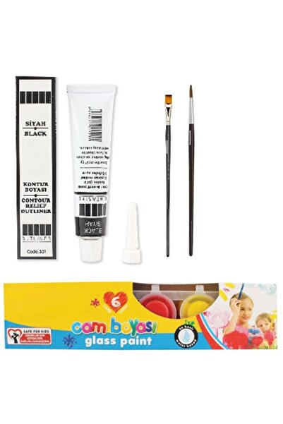 MİLACOLOR Cam Boyası 6 Renk 22 ml Siyah Kontur Boyası 2 Adet Fırça Cam Vitray...