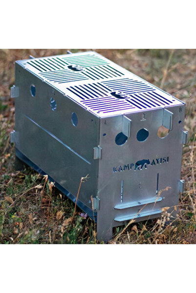 Kamp Ayısı Kamp Ayısı® PyroWide™ Geniş Katlanır Metal Ateş Kutusu - 2mm Gri Galvaniz Çelik, Çantalı, 39.5 x 26.