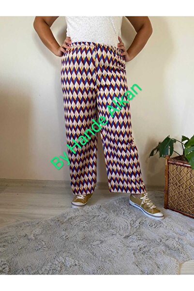 By Hande Alkan Patterned Elastic Waistband Plus Size Women's Trousers with Pi...