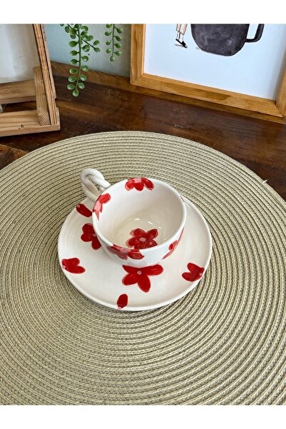 Elmas Romantic Red Flower Handmade Ceramic Cup Set