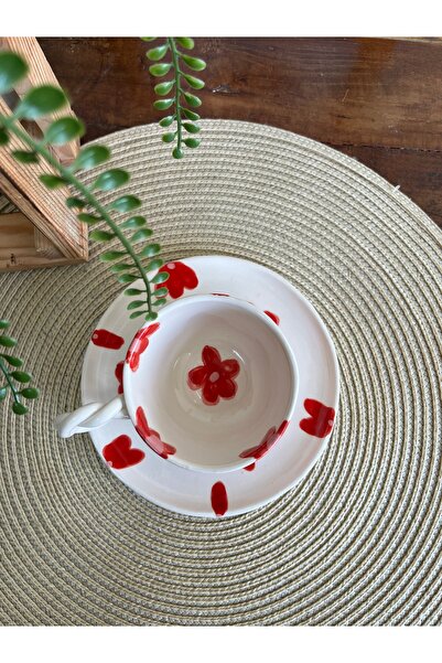 Elmas Romantic Red Flower Handmade Ceramic Cup Set