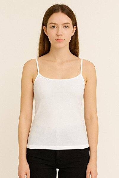 MAVİ QUMSAL Γυναικείο βασικό βαμβακερό φανελάκι με λουράκια, μονόχρωμο λευκό