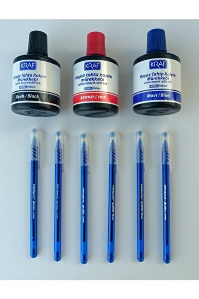 Pensan Büro Tükenmez Kalem 6 Adet Mavi - Tahta Kalem Mürekkebi 100 ml 3 Adet(...