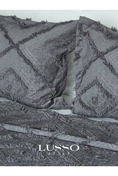 LUSSO Stile Çift Kişilik Antrasit İskandinav Yatak Örtüsü 250x260 ve 2 Adet Yastık Kılıfı