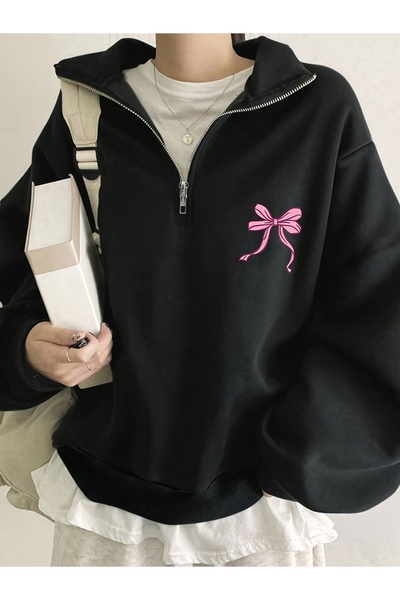 cc collection سترة نسائية بياقة واقفة وطبقة داخلية مطبوعة بفيونكة وسحاب نصف م...