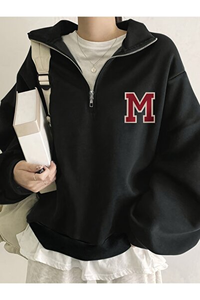 cc collection Γυναικείο μπλουζάκι με στάμπα M και μισό φερμουάρ με ψηλό γιακά