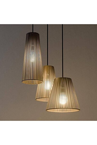 Ferisa Home 3lü Ahşap Avize Salon Avizesi Rustik Avize