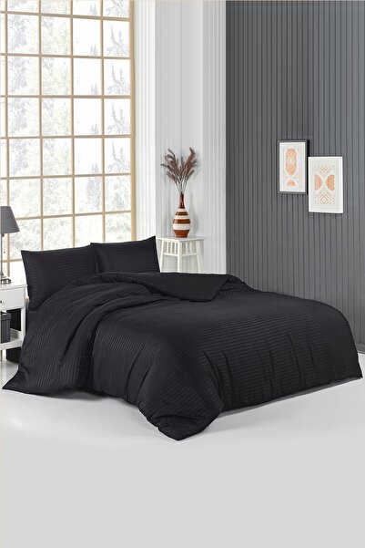FAMİLYA TEKSTİL طقم غطاء لحاف مزدوج فاخر أسود اللون مصنوع من قطن الساتان بنسب...