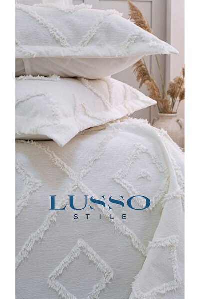 LUSSO Stile Çift Kişilik Ekru İskandinav Yatak Örtüsü 250x260 ve 2 Adet Yastık Kılıfı
