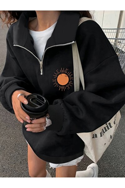 cc collection Hanorac de damă cu imprimeu solar, cu jumătate de fermoar și gu...