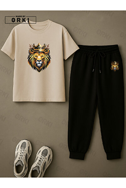 EFFRENATU King of the Street Printed Oversize Large Size Beige T-Shirt & Black Pants Tracksuit Set