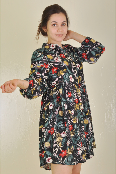 Genel Markalar Çiçek Desenli Düğmeli Tunik Elbise