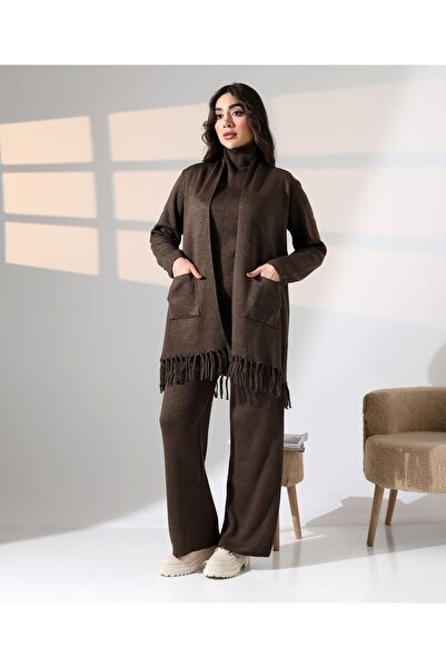 REDMİNA fashion طقم تريكو ثلاثي بتفاصيل شرابة أنيقة على الطراز البوهيمي