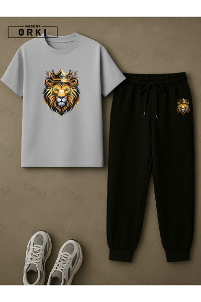 EFFRENATU King of the Street Printed Oversize Large Size Gray T-Shirt & Black Pants Tracksuit Set