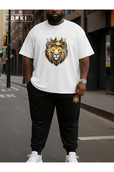 EFFRENATU King of the Street Printed Oversize Large Size White T-Shirt & Black Pants Tracksuit Set