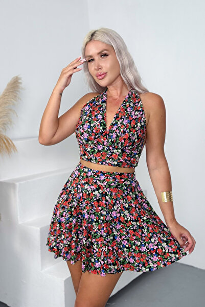 Full deppo Kadın Kırmızı Boyundan Geçirmeli Belden Bağlamalı Crop Bluz