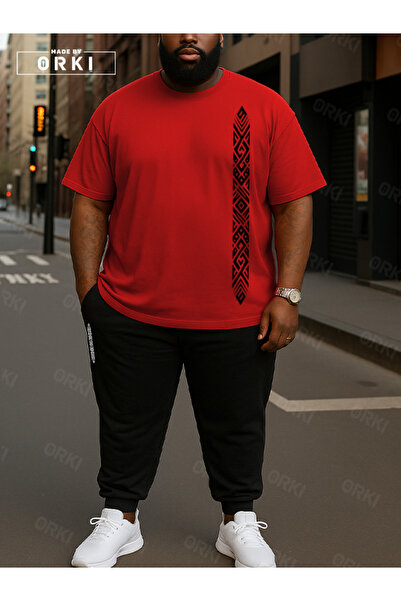 EFFRENATU Trendy Stylish Printed Plus Size Red T-Shirt & Black Pants Tracksuit Set