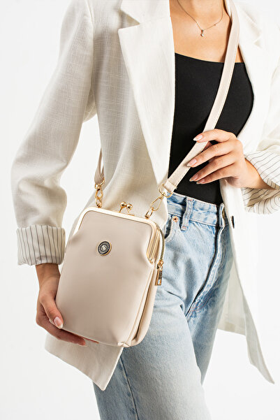 H&D COLLECTİON Cream Women's Scholarship Gold Accessory Adjustable Cross Strap Faux Leather Shoulder and Crossbody Bag 1433