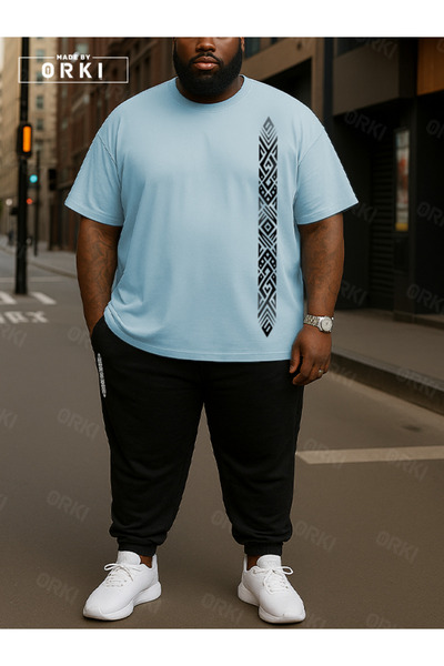 EFFRENATU Trendy Stylish Printed Plus Size Light Blue T-Shirt & Black Pants T...