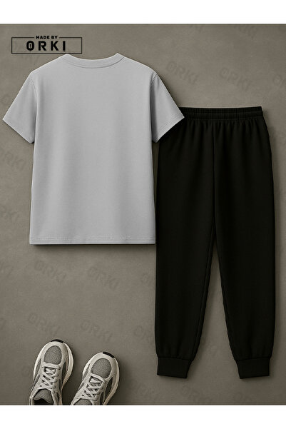 EFFRENATU Trendy Stylish Printed Oversized Gray T-Shirt & Black Pants Tracksuit Set