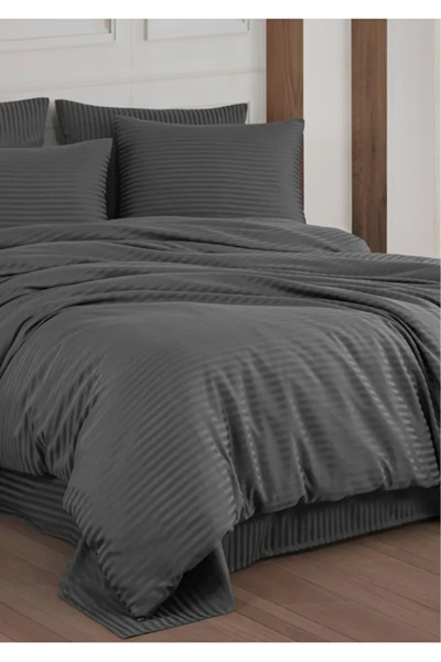 FAMİLYA TEKSTİL طقم غطاء لحاف مزدوج فاخر من قطن الساتان بنسبة 100% - رمادي أن...