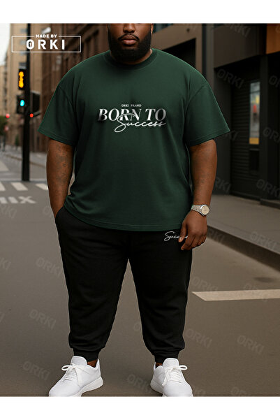 EFFRENATU تي شيرت مطبوع عليه "مولد للنجاح" مقاس كبير باللون الأخضر الغابي وبنطلون رياضي أسود
