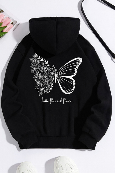 CLASSY.MODA Unisex Oversize 3 Thread Hoodie 🦋 🌸   Butterflies & Flowers Patterned Hooded Sweatshirt Casual Style