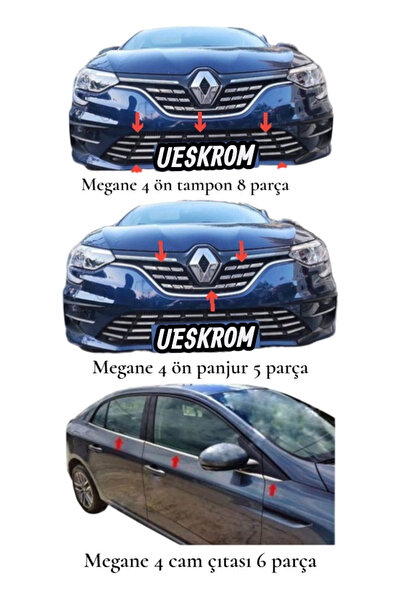 ueskrom Renault Megane 4 Krom Ön Panjur + Ön Tampon Seti + Cam Çıtası Altlar ...