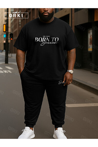 EFFRENATU تي شيرت مطبوع عليه "مولد للنجاح" مقاس كبير باللون الأسود مع بنطال ر...