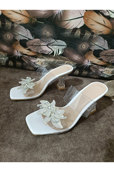 Abiyell Kadın abiye şeffaf taşlı topuklu terlik ayakkabı