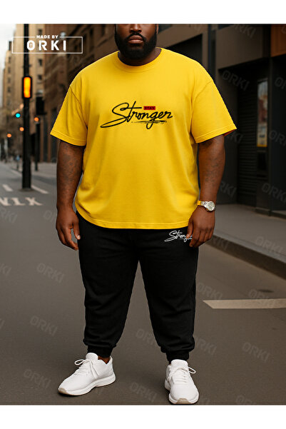 EFFRENATU Stay Strong Printed Oversized Yellow T-Shirt & Black Pants Tracksuit Set