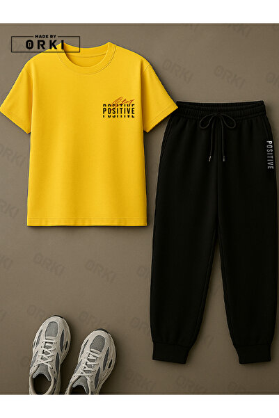 EFFRENATU Positive Bold Printed Plus Size Yellow T-Shirt & Black Pants Tracksuit Set
