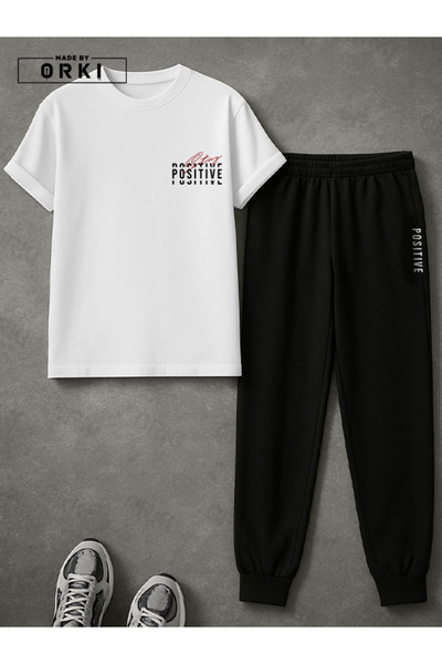 EFFRENATU Positive Thick Printed Plus Size White T-Shirt & Black Pants Tracksuit Set