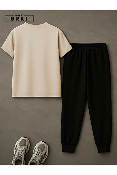 EFFRENATU Positive Thick Printed Plus Size Beige T-Shirt & Black Pants Tracksuit Set