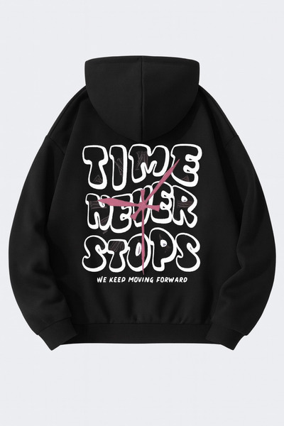 CLASSY.MODA Unisex Oversize 3 Thread Hoodie ⏳ 🕒   Time Never Stops Patterned Hooded Sweatshirt Casual Comfortable Style