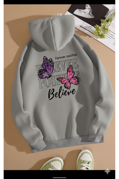 CLASSY.MODA Unisex Oversize 3 Thread Hoodie 🦋 💜 🌸   Forever Positive Believe Patterned Hooded Sweatshirt Style