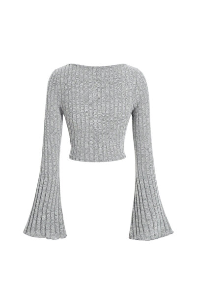 Wild Flower Women's Gray Square Neckline Drawstring Detailed Spanish Sleeve Knitwear Blouse