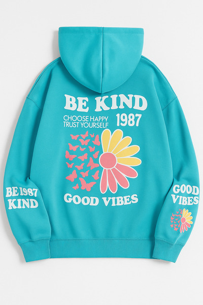CLASSY.MODA Unisex Oversize 3 Thread Hoodie 🌸 🦋 😊   Be Kind Good Vibes Patterned Hooded Sweatshirt Casual Style