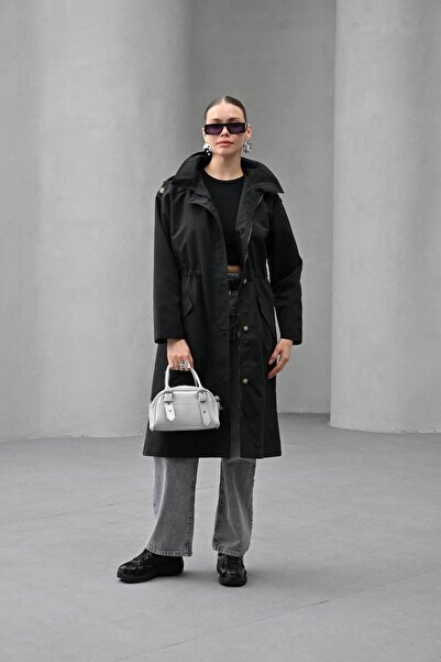 MATTİ MODA Kadın Kapşonlu Uzun Siyah Trençkot