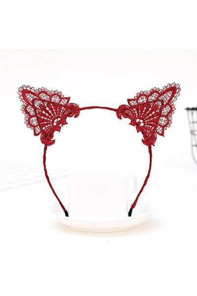 ForWhat Coroană roșie cu pisică urechi din dantelă pentru birou, acasă, la bi...