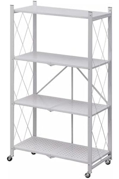 AGD وحدة رفوف معدنية، 4 طبقات، قابلة للطي مع عجلات، لون أبيض