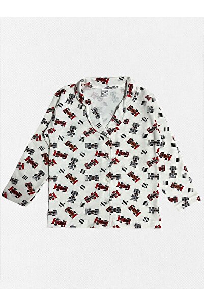 Fil Kids Erkek Çocuk %100 Pamuklu Ekru Formula 1 Araba Desen Gömlek Yaka Boydan Düğmeli Kışlık Pijama Takımı