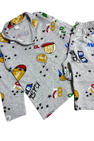 Fil Kids Boy's 100% Cotton Gray Color Skateboard Hat Pattern Buttoned Winter Pajama Set