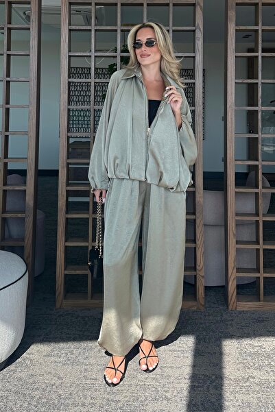 Laluvia Khaki Bomber Satin Jacket - 9584