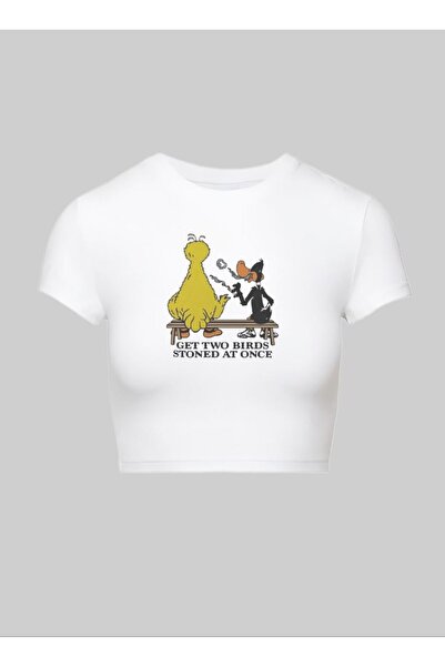 StartMore White White Cat Printed Pinterest Y2K Crop Top Baby Tee Lycra Tight