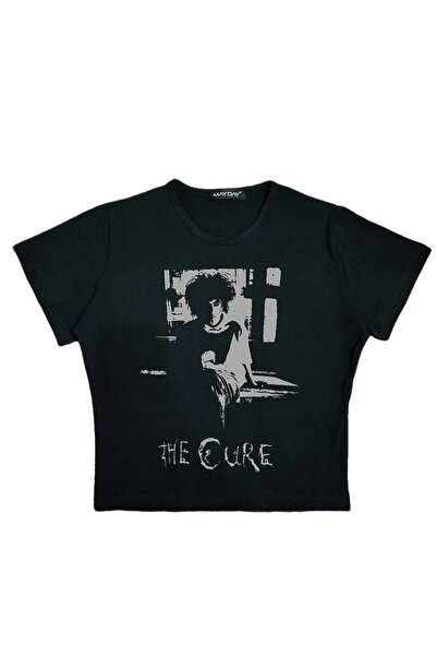 StartMore Black Women's Printed Crew Neck Baby Top with Waist Boy Crop