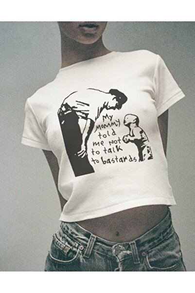 StartMore White Women's Top with Printed Crew Neck Baby Print in Waist Boy Crop