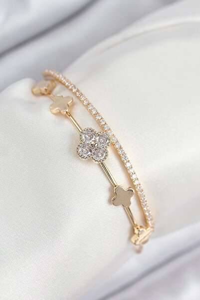 Clariss مي للواردات ®   سوار نسائي من النحاس والزركون موديل كلوفر ذهبي اللون