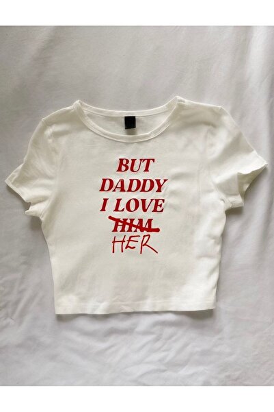 StartMore White White Baby Tee Top Waist Boy Crop T-Shirt Lycra but Daddy I L...
