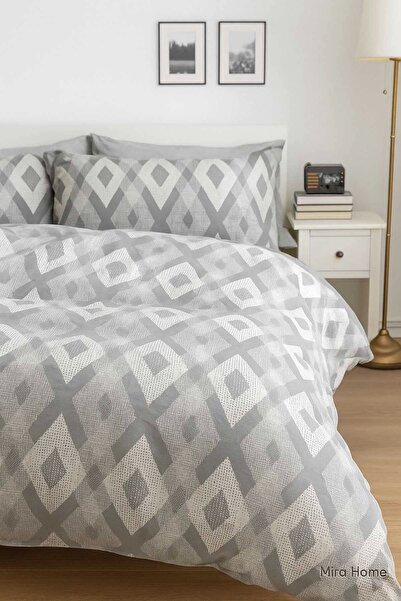 Mira Home Set de lenjerie de pat din bumbac gri cu model intercalat de romburi